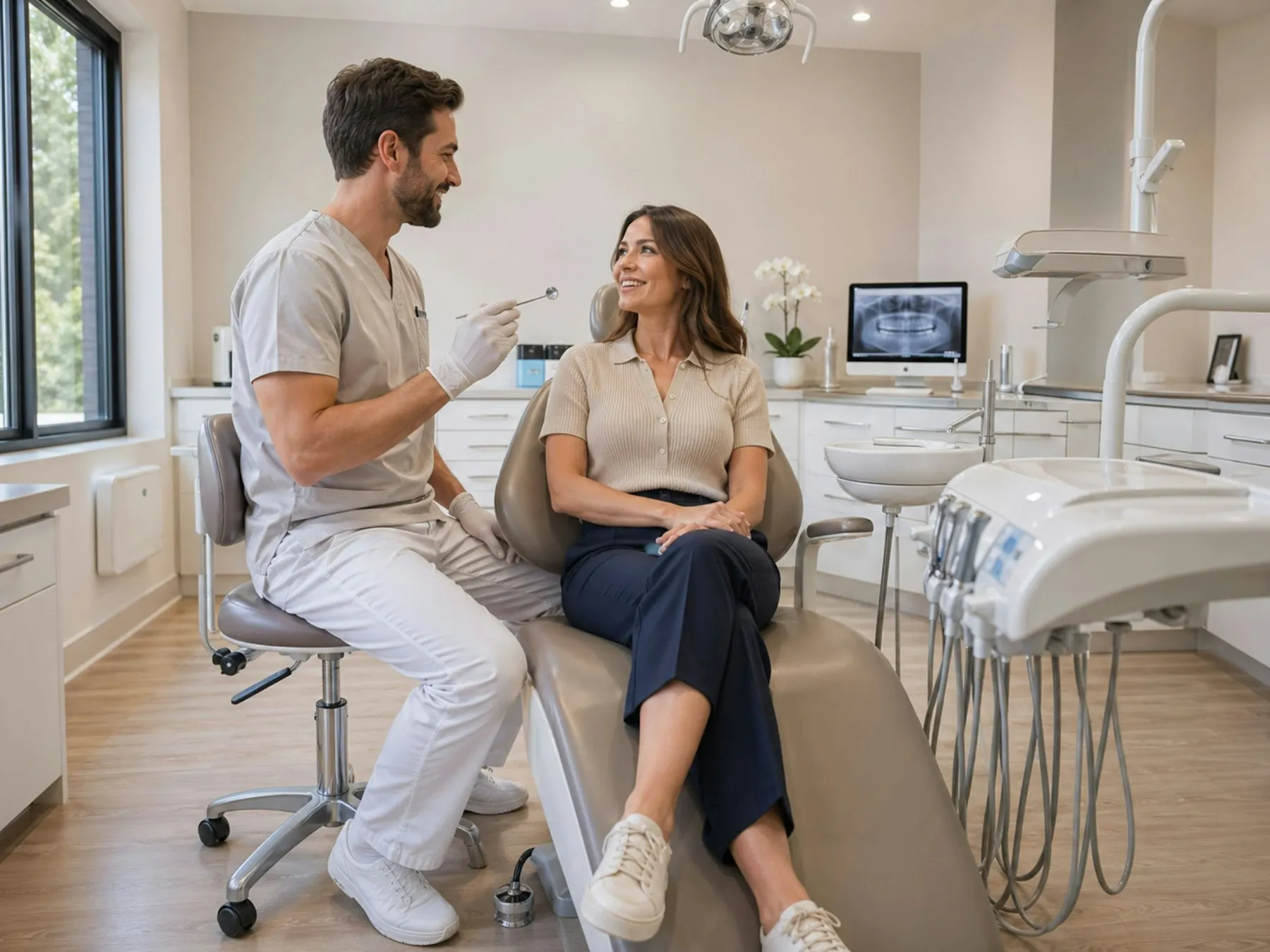 Dentist talking with a smiling patient in a modern dental clinic